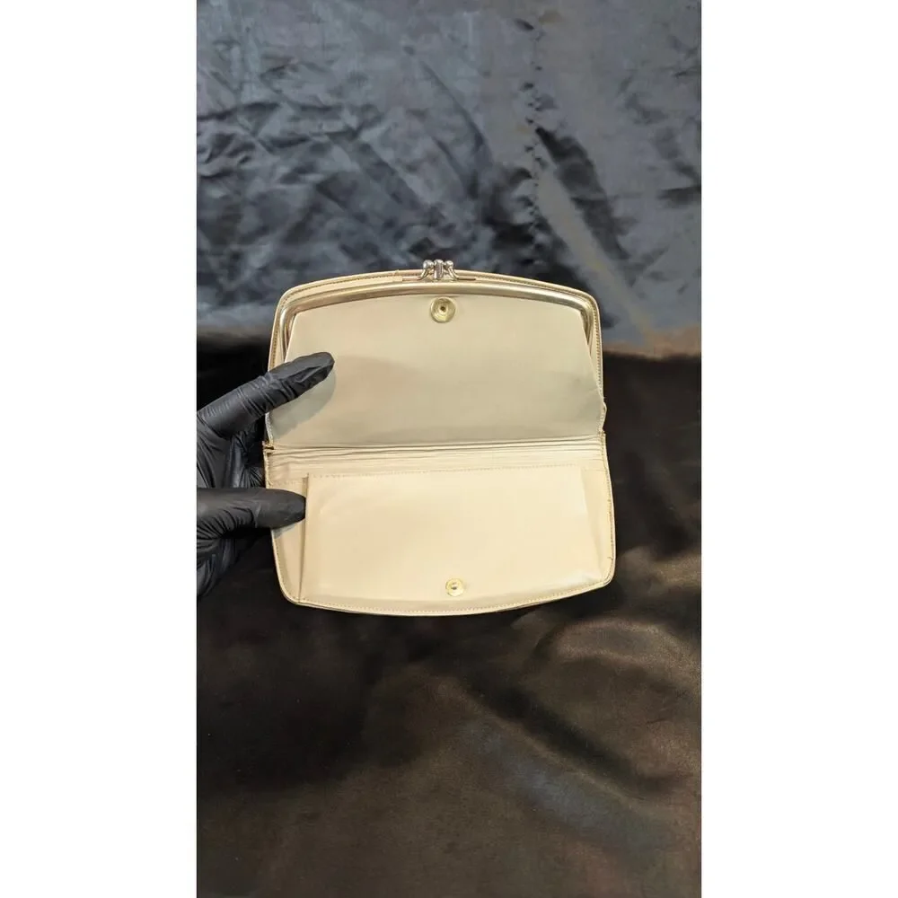 Vintage Baronet Long Wallet Beige Bone Leather Kisslock Retro Brass Rattan Ivory